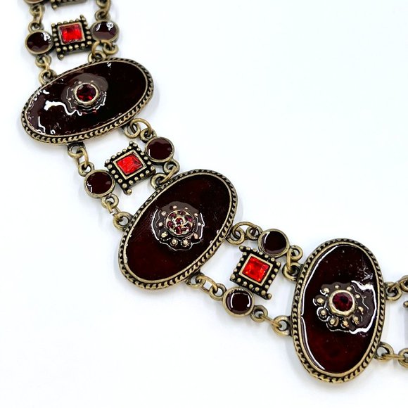 Up-Cycled - Burgundy & Red Enameled Medallion Brass Tone 7” Adjustable Bracelet - Picture 3 of 8